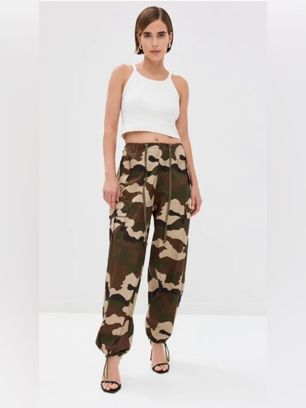 NWT Good American Good Parachute Cargo Pants Fatigue Green Camo Size Large
